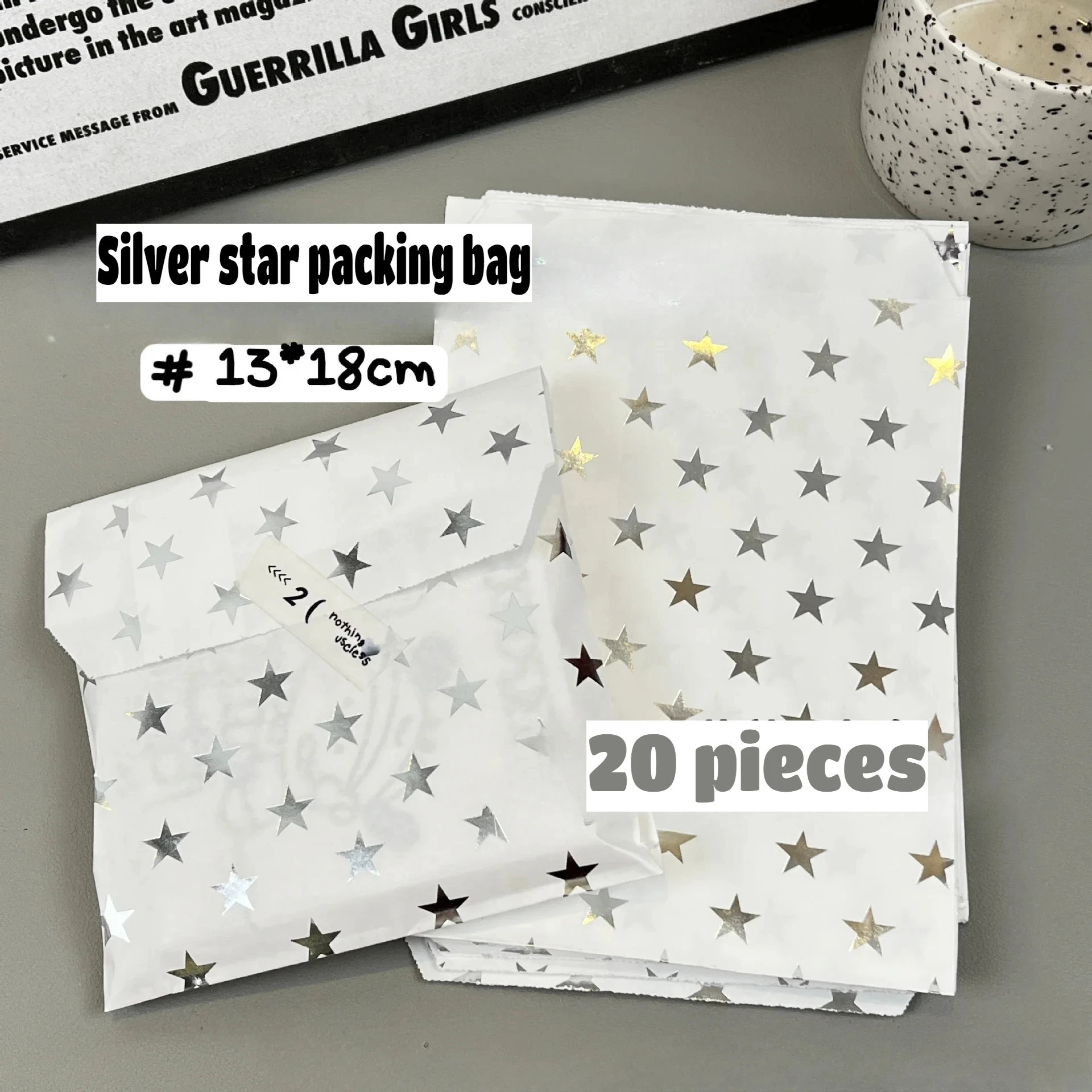 20Pcs Korean Y2K Gloss Silver Star Paper Bag Kpop Idol 3-inch Photo Card DIY Packing Bag Advanced Sense INS Girls Card Packaging