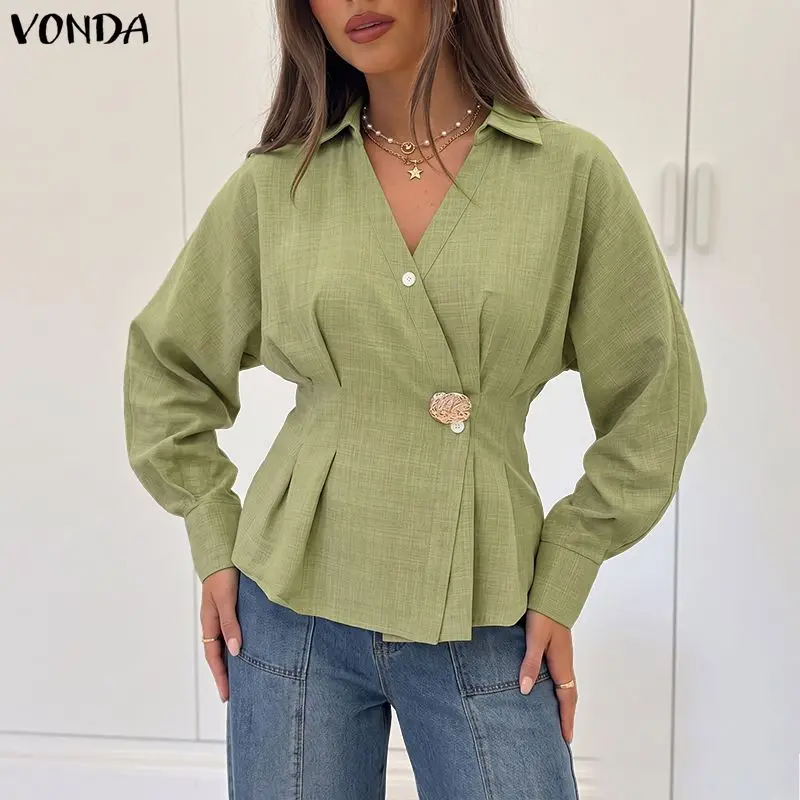 Plus Size VONDA Women Elegant Office Work Shirts V Neck Blouse Long Lantern Sleeve Waist Tops Solid Color Tunics