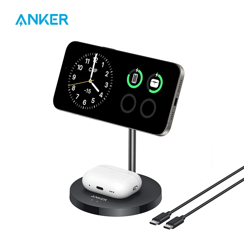 Anker MagSafe Charger Stand Compatible, MagGo 2-in-1 Charging Station, 【Upgraded】 Qi2 Certified 15W Wireless Charger Stand, for