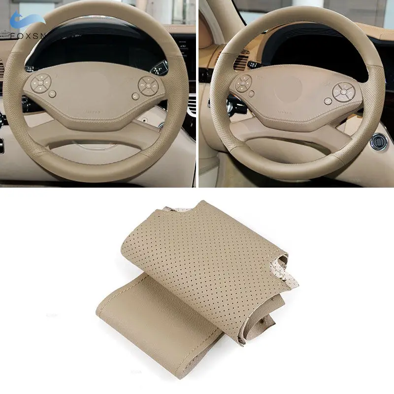 Car Inner Steering Wheel Cover For Mercedes Benz S Class W221 2009-2013 CL-Class C216 2010-2014 Hand Stitched Beige Leather Trim