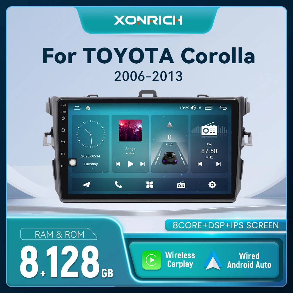1280*720 IPS الوسائط المتعددة اللاسلكية Carplay مشغل راديو السيارة لتويوتا كورولا E140 E150 2006-2013 أندرويد 14 نظام تحديد المواقع والملاحة DSP