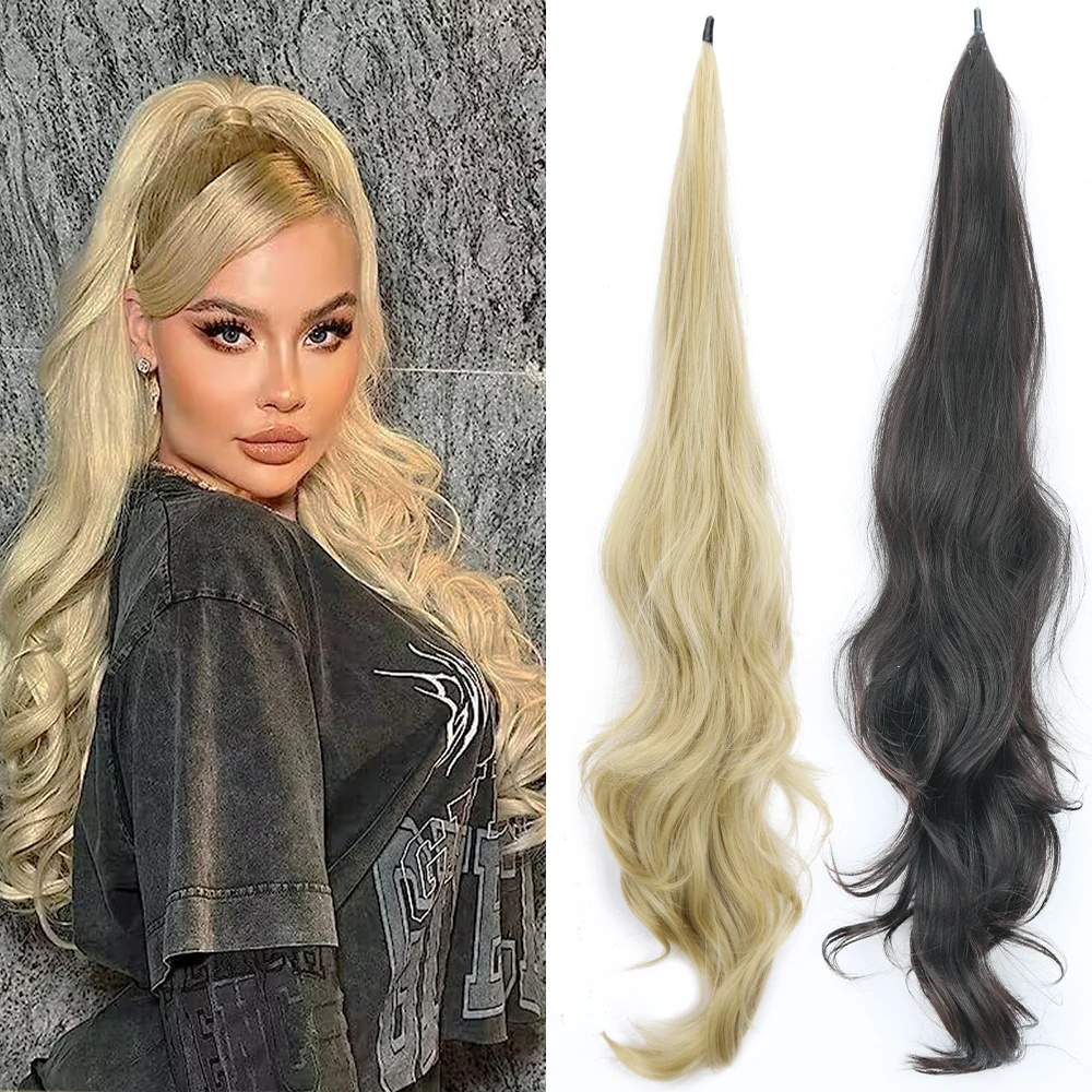 30Inch Synthetic PonyTail Wrap Around PonyTail Long Wavy Hair Extensions Black Blonde Hairpiece For Women