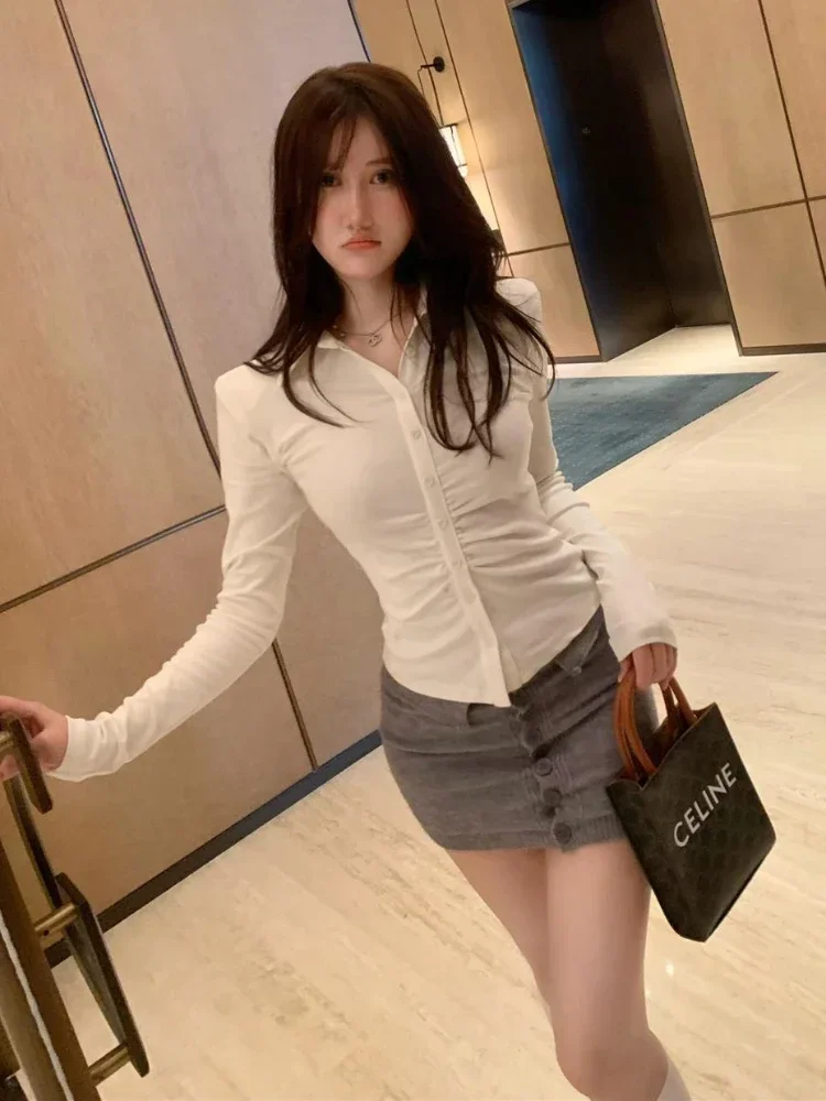 Camisas cortas de estilo Preppy para mujer, Túnica de moda coreana en el interior, Tops informales de manga larga, estética de primavera, combina con todo, Vintage Ulzzang