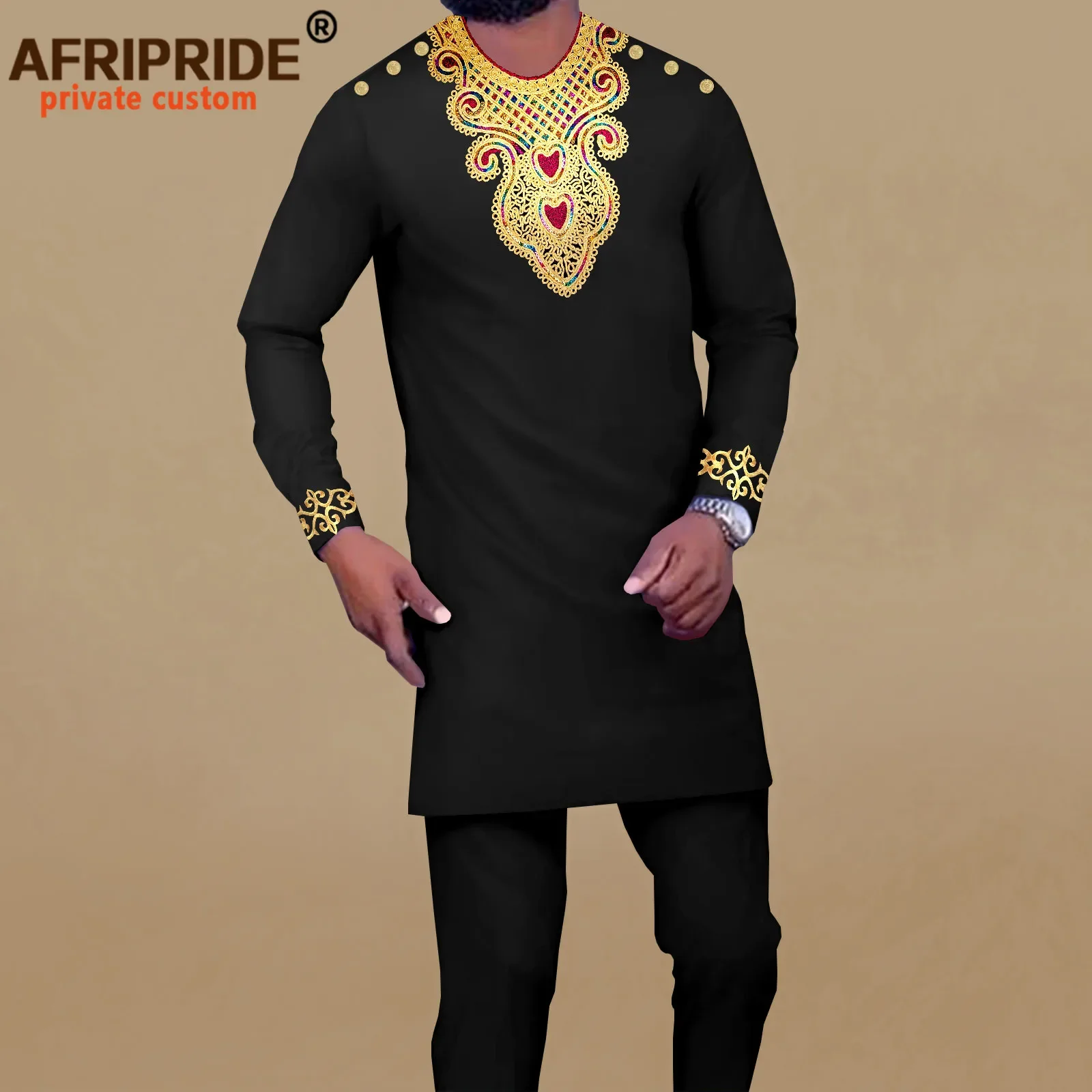 

African Men Clothing Embroidery Shirts and Trousers 2 Piece Set Bazin Riche Kaftan Classic Men Outfit Muslim Suit A2216022