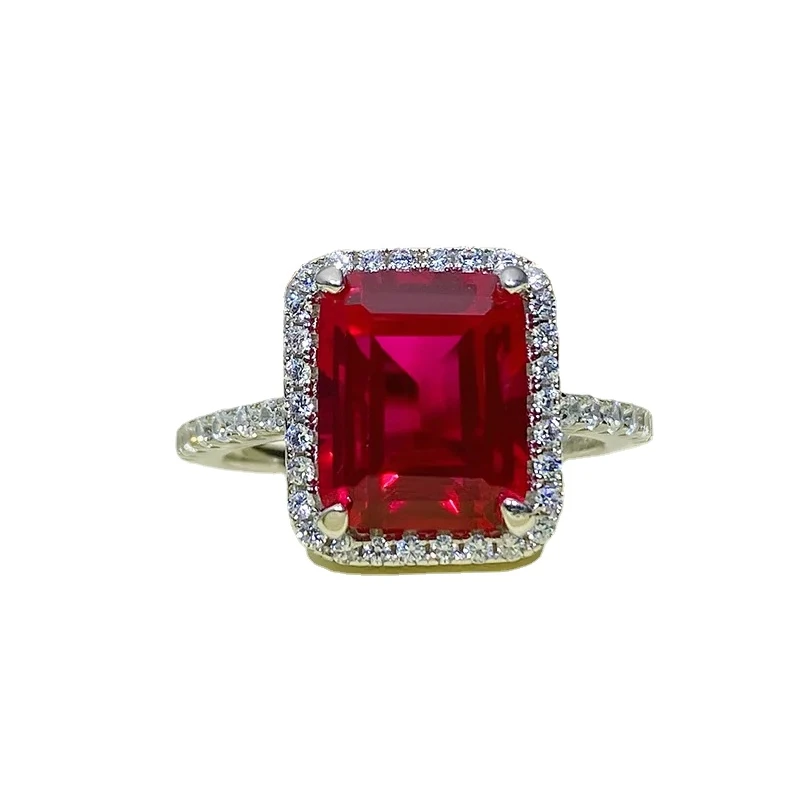

4-carat Red Treasure Ring with Rectangular Green Cut Imported High Carbon Diamond 925 Silver Wedding Jewelry