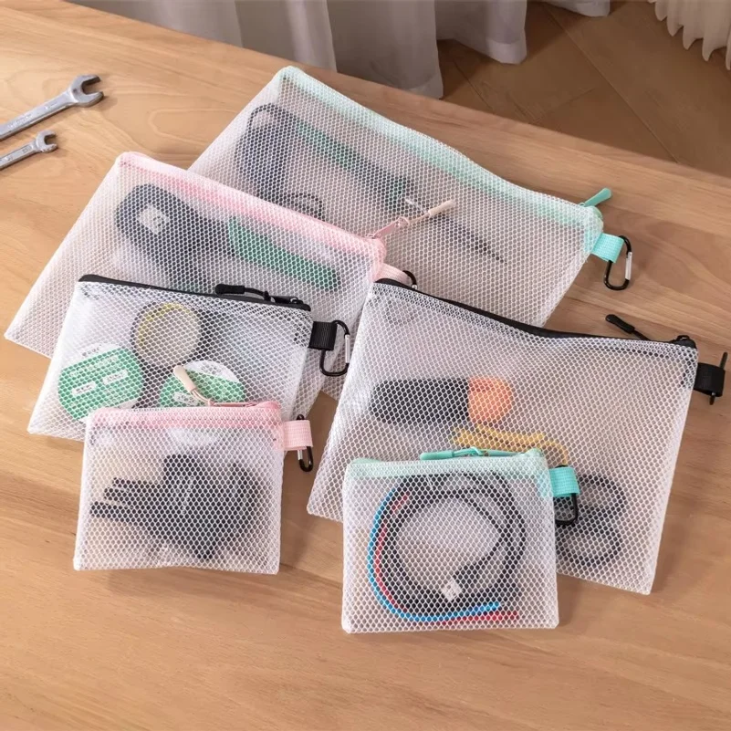 White Transparent Visible Mesh Storage Bags Waterproof Durable Multi Sizes Zipper Pouch for Electrician Travel Daily Accessories