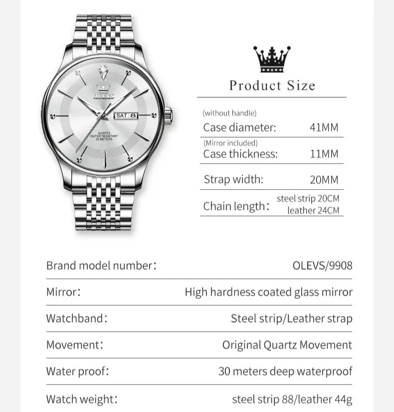 OLEVS 9908 Luxury Waterproof Man Wristwatch 41mm Big Dial Dual Calendar Quartz Watch For Men Fashion Classic Dress Watches 2024