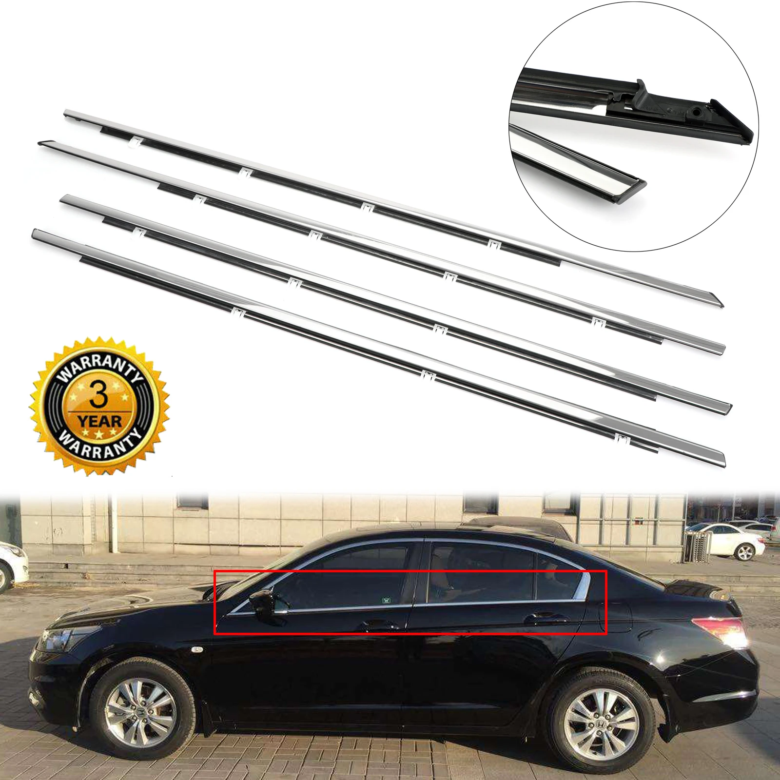 

4pcs Chrome Weatherstrip Window Moulding Trim Seal Belt Fits For Accord 2008-2012