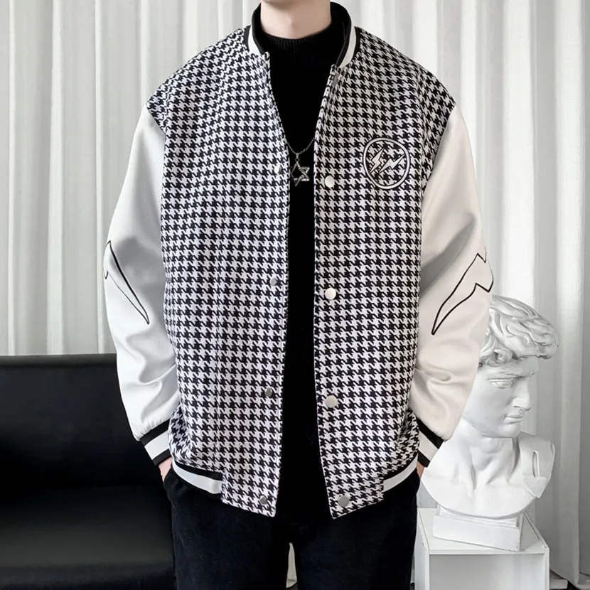 

Preppy Plaid Jaet Men's American Retro Patchwork Baseball Sle Spring Autumn New Casual Top Trendy Long Sve Windproof