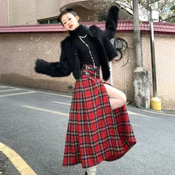 Vintage High Street Red Plaid A-Line Half-body Skirt for Women High Waist Straight Mid-Length Split Skirts Streetwear Y2k Skirt