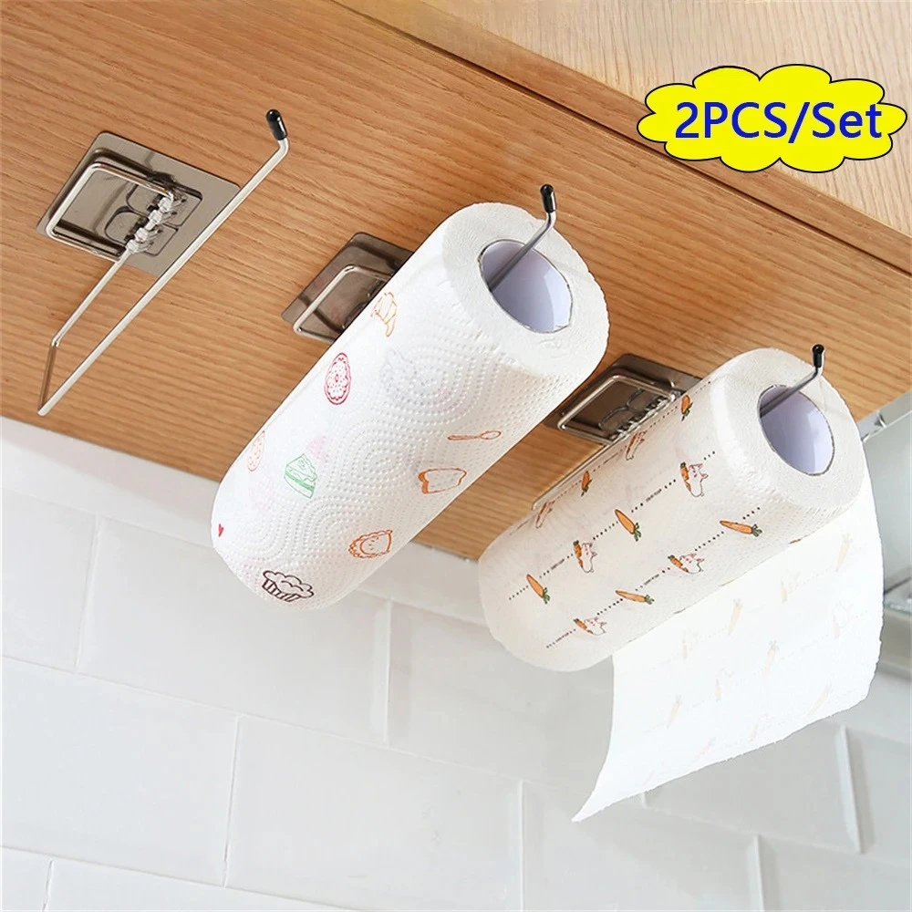 

2PCS Kitchen Paper Towel Holder Adhesive Toilet Paper Rack Towel Hanger Tissue Dispenser Roll Napkin Cabinet Storage Accessories