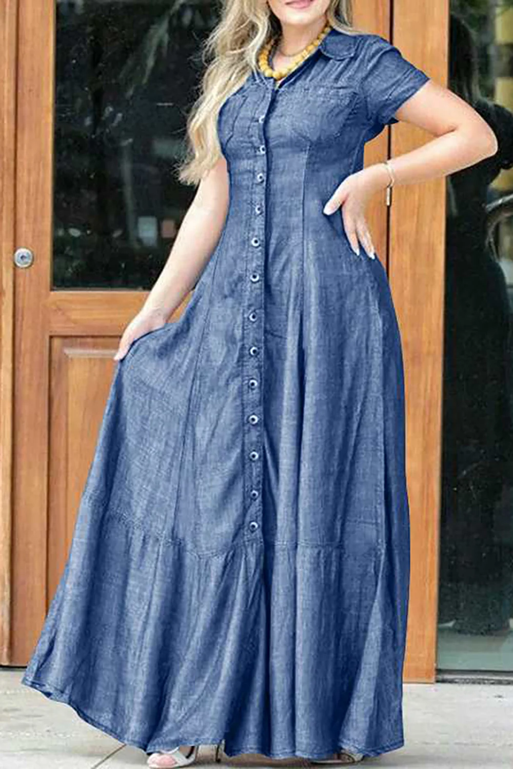 Plus Size Women'S Clothes Light Blue Button Shirt Collar Denim Maxi Dress With Pocket Casual And Elegant Women'S Dresses