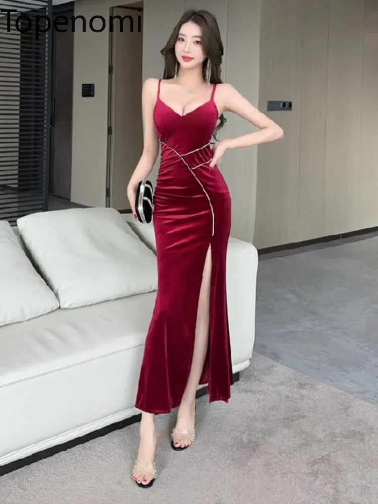 Topenomi Luxury Velvet Evening Dresses Women Sexy Sleeveless High Waist Slim Split Wedding Party Long Robe Retro Elegant Gown