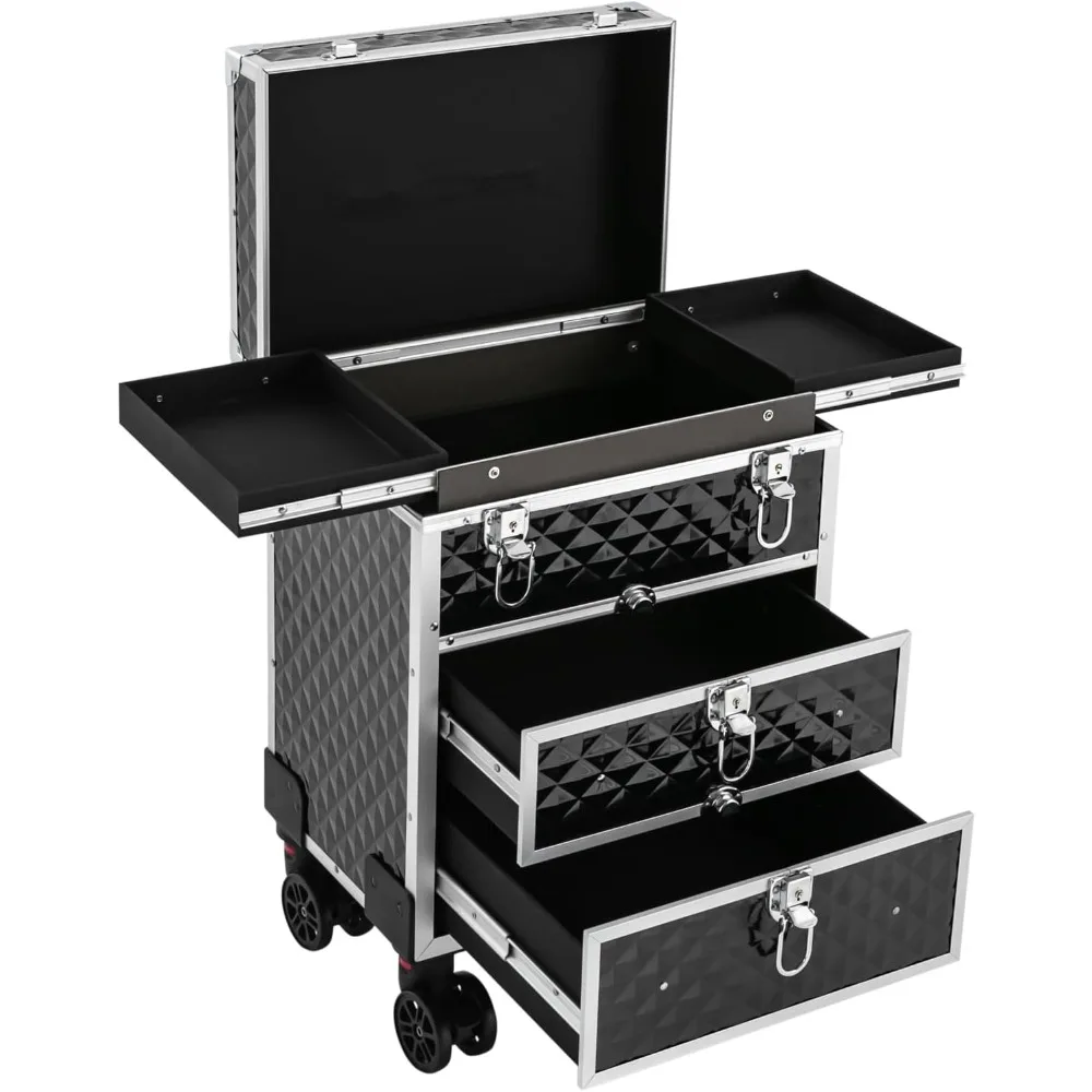 3 Tier Rolling Makeup Travel Case Makeup Storage Organizer with 2 Drawers and 4 Universal Wheels 66lbs Capacity Makeup Trolley