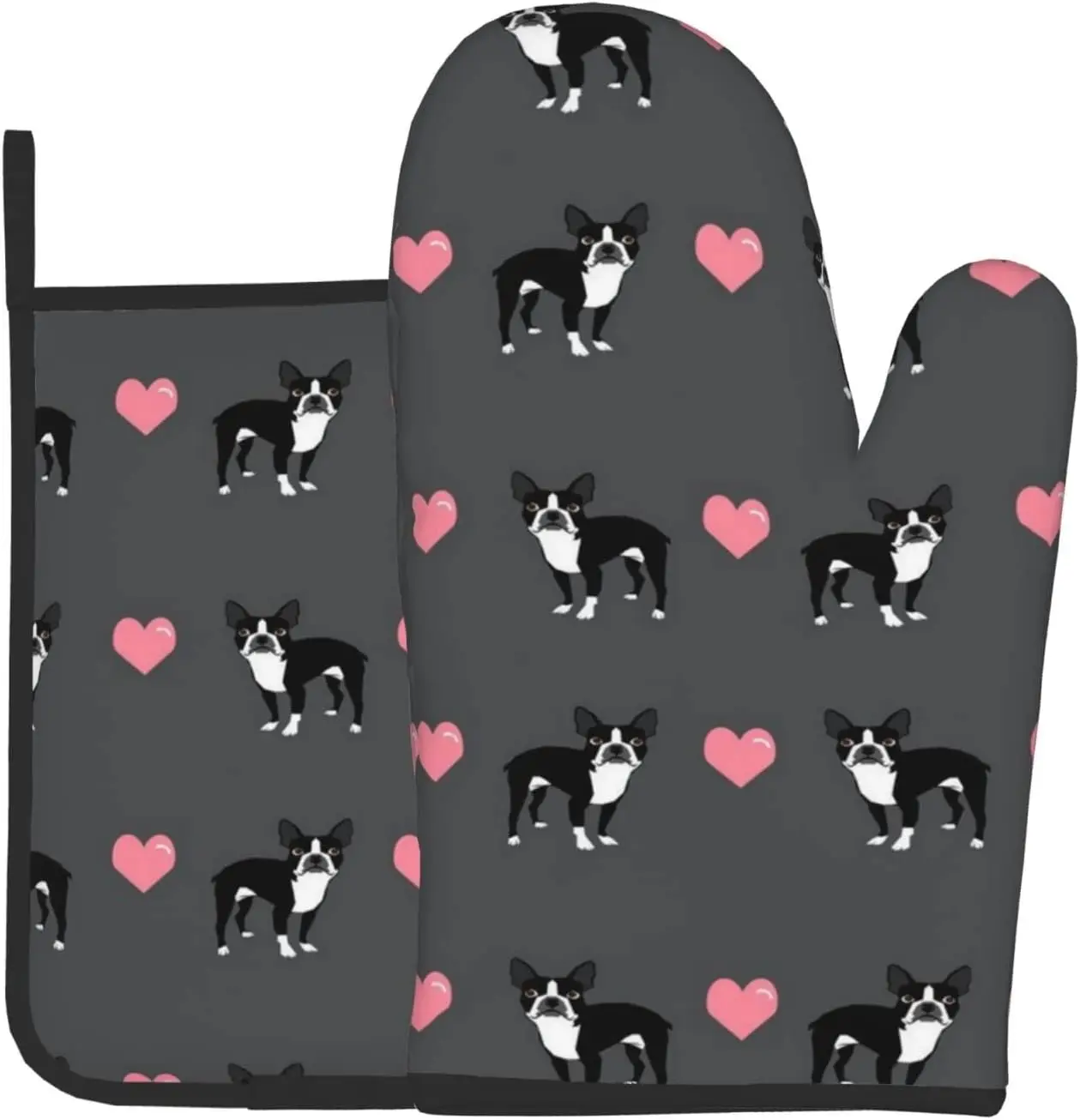 Boston Terrier Love Hearts Oven Mitts and Pot Holders Sets Heat Resistant Kitchen Microwave Gloves for Baking Cooking Grilling