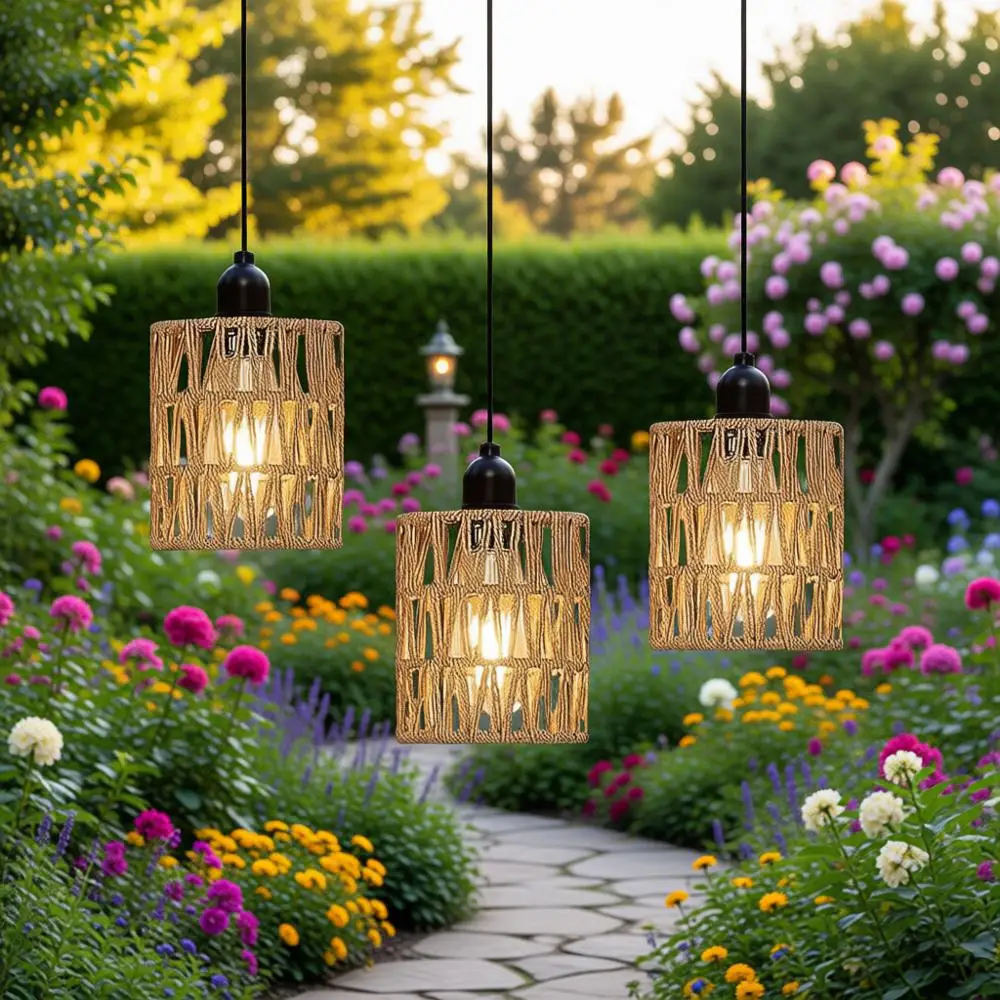 

Outdoor Chier Pendant Light, Gazebo Hanging Lamp, Bamboo Rattan Decorative LED Lantern, Battery Operated, Suitable for Porch, Pa