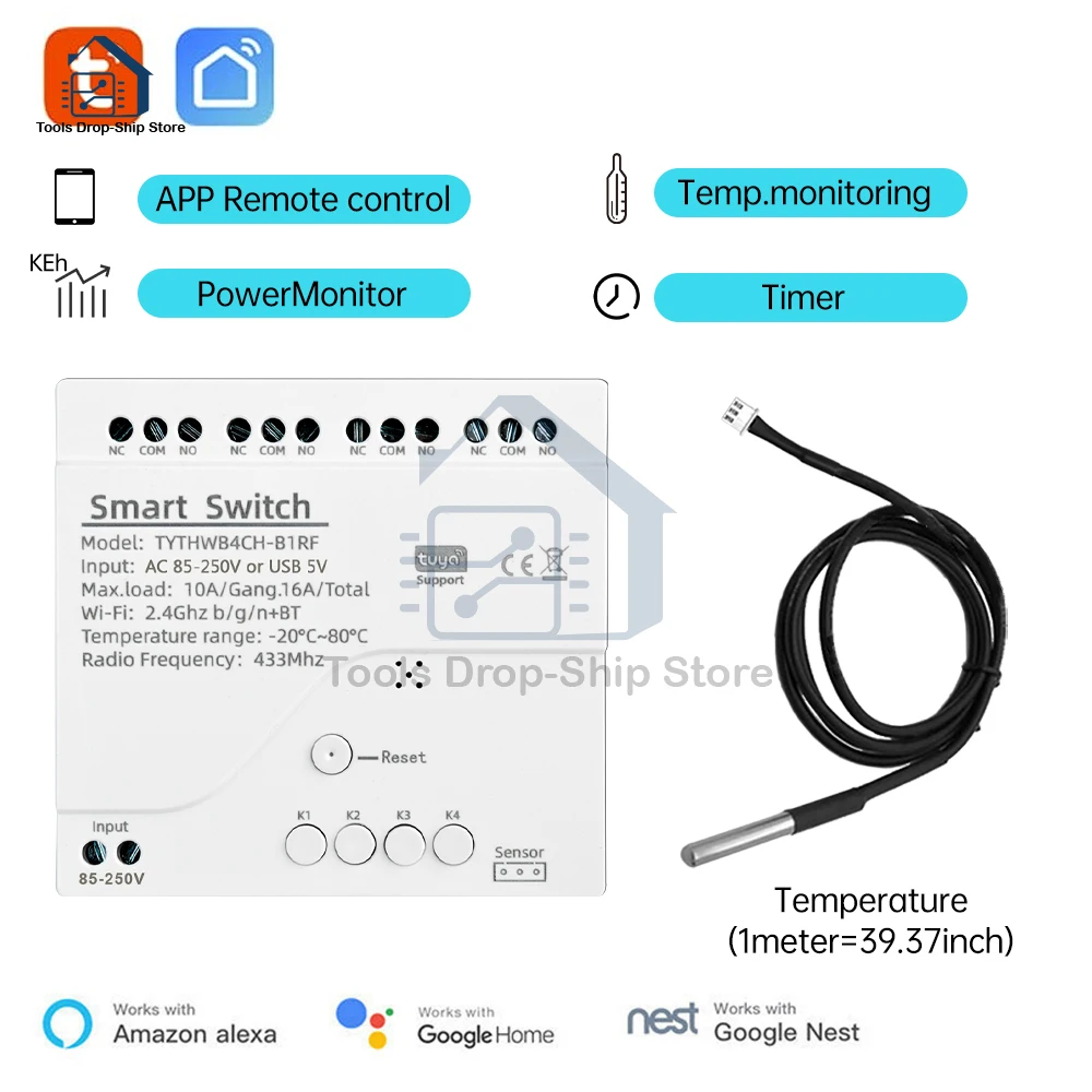 Tuya Smart Temperature Switch 16A 3000W with Energy Consumption Monitoring RF433 Intelligent Thermostat Compatible with Alexa