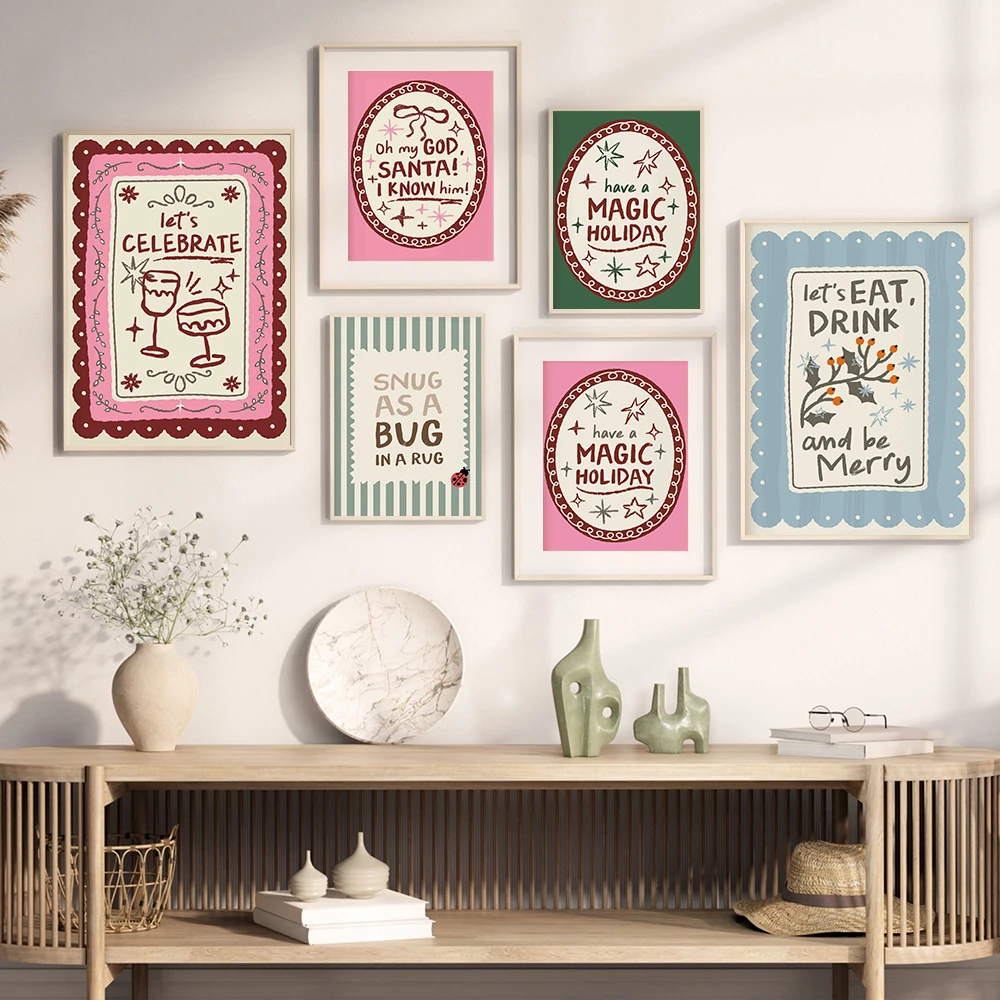 Minimalist Pink Merry Magic Holiday Quotes Canvas Print Wall Art Posters for Modern Christmas Warm Home Decor Painting Pictur