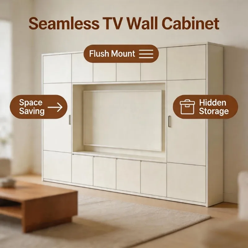 Built-in laser TV background wall cabinet, embedded floating media console for home theater