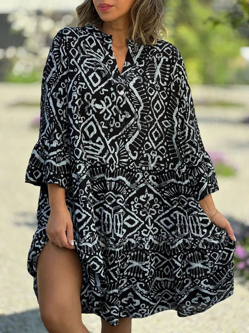 Summer Women's Loose Dress V-neck Button Pullover Flared Sleeve Vacation Fashion Casual Splicing Elegant Beach Midi Skirt