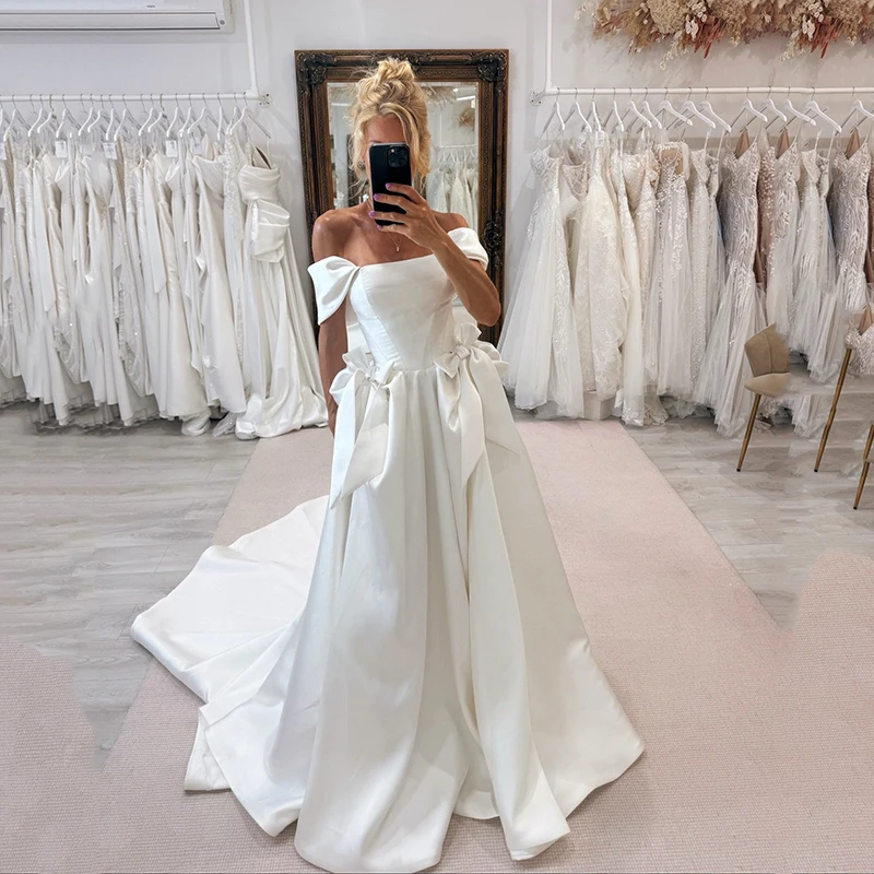 

Свадебные платья Eightree 2026 А-силуэта с открытыми плечами, бантом и шлейфом, длинные бальные платья для женщин, свадебные и выпускные платья на заказ