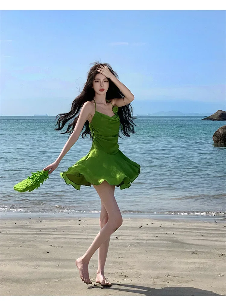 Hotsweet Y2k Girl Women Halter Short Green Mini Dress Summer Fashion Backless Irregular Strap Dress Holiday Beach Short Skirt