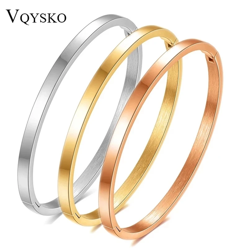 VQYSKO 4mm Stainless Steel Glossy Stackable Thin Bangle Bracelet for Women Solid Plain Polished Bracelet Best Gifts for Love