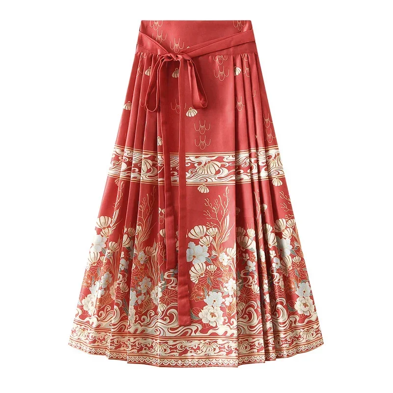 

Chinese Style Long Horse-face Skirt for Women New Vintage Aesthetic Floral Print A Line High Waist Pleated Skirt Female P582