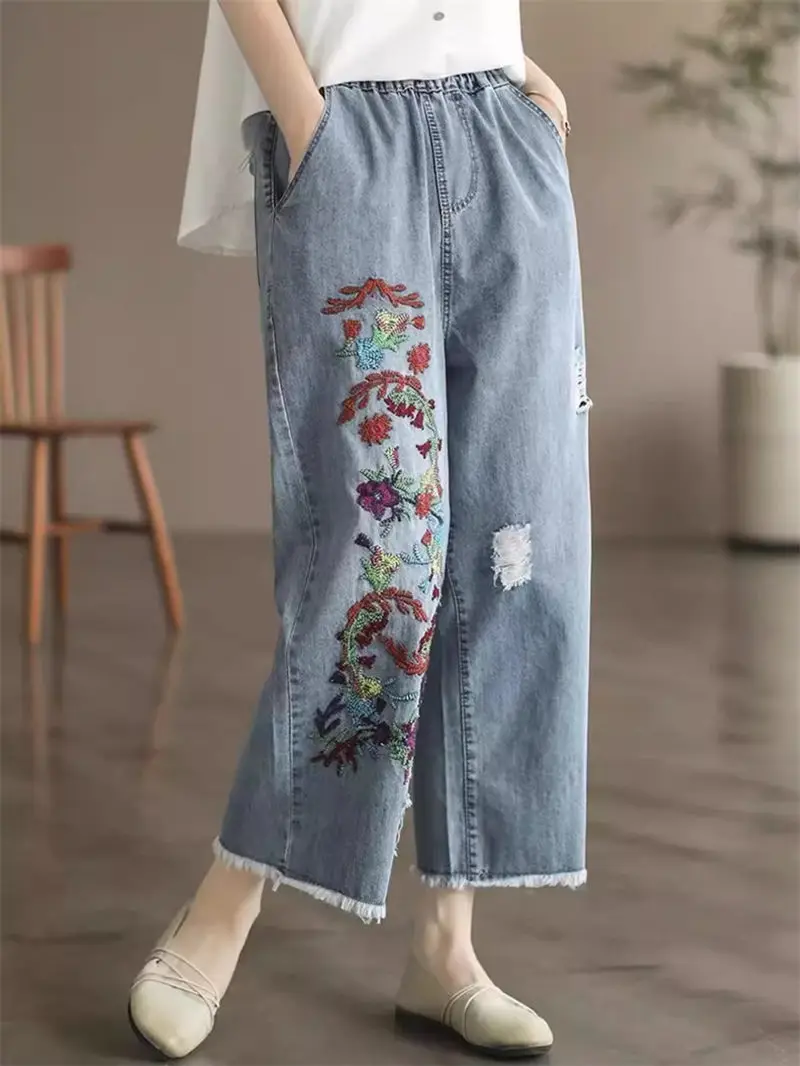 

Chinese Style Retro Ruffled Embroidery Jeans 2024 Women's Distressed Design Fashion Loose Wide Leg Pants Casual Trousers K452