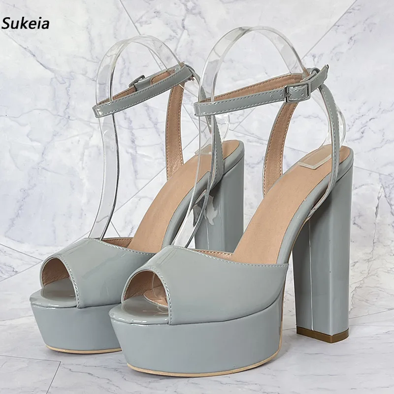 Sukeia Handmade Women Summer Sandals Buckle Strap Chunky Heels Round Toe Beautiful Grey Dress Shoes US Plus Size 5-20