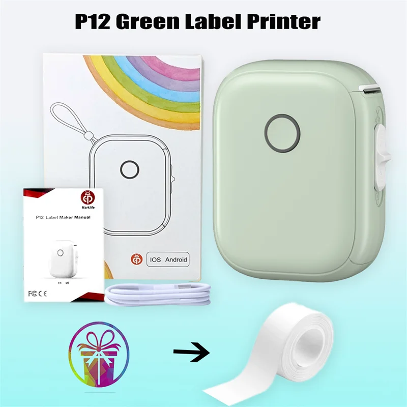 Ink-free Multifunctional Label Printer P12 Connected with Bluetooth Wireless Auto Cut Labeling Machine or 5PK Label Rolls Fastly