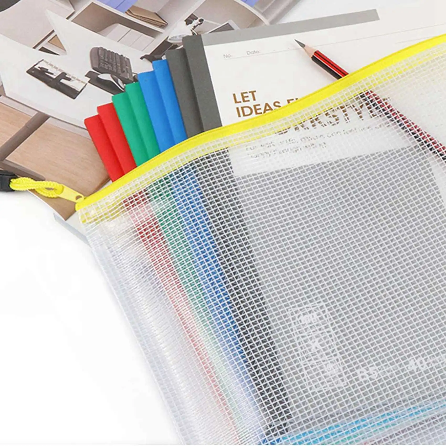 Leading-48Pcs Mesh Zipper Pouch Document Bag, Plastic Zip File Folders, Letter Size/A4 Size, For Office Supplies