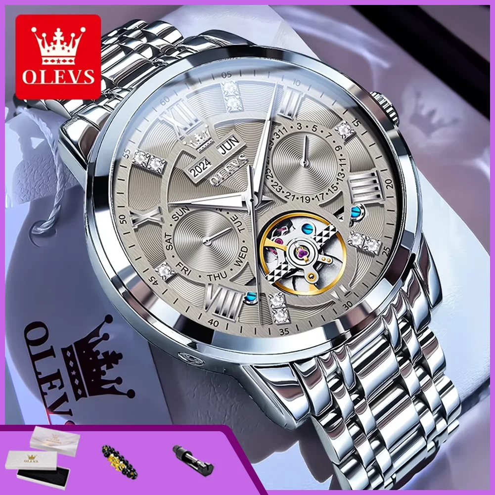 

OLEVS 6701 Автоматические часы для мужчин из нержавеющей стали с полым маховиком, мужские часы, оригинальные механические часы, водонепроницаемые мужские часы