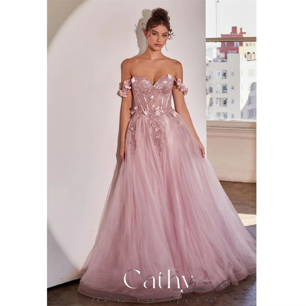 Cathy Off Shoulder A-line Tulle Fabric Prom Dress 3D Lace Embroidery Vestidos De Novia Elegant Heart Shaped Neck robes de soirée