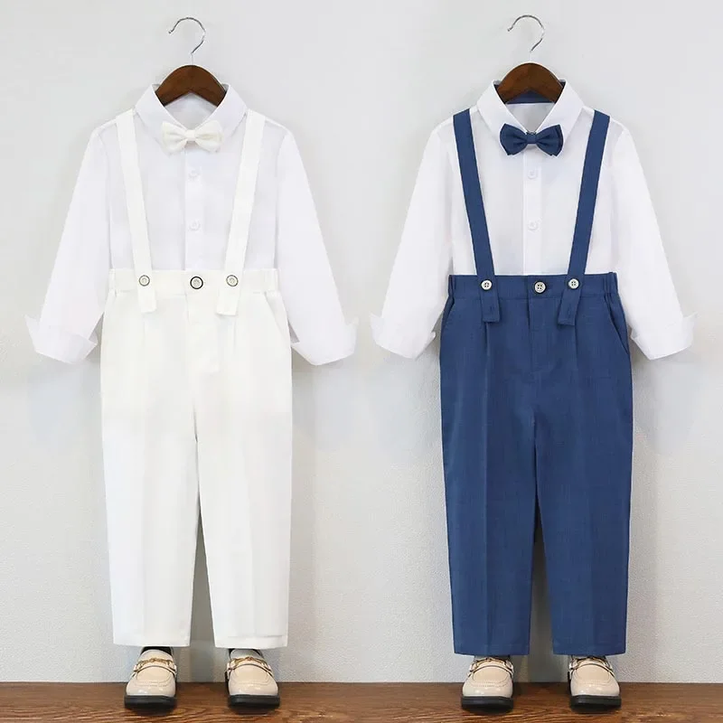 Boys Suspender Formal Outfit White Shirt Trousers Matching Bow Tie Wine Black Kids Wedding Ring Bearer Stage Photo Costume 3-12Y