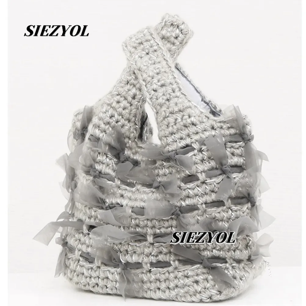 Japanese Style Crochet Lace Bowknot Tote Bag Fashionable Makeup Bags Black Grey Color Versatile Handbag for Women
