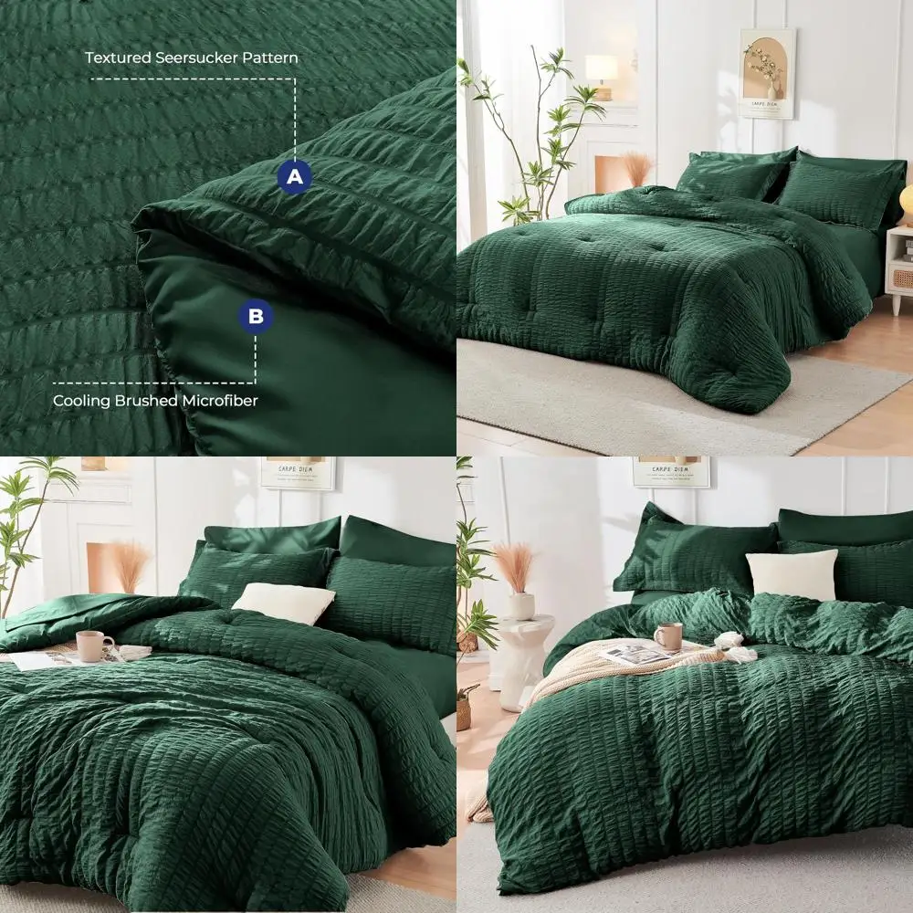 

Luxury 7-Piece Queen Bedding Set in Emerald Green Seersucker - Includes Comforter, Sheets, Pillowcases & Shams