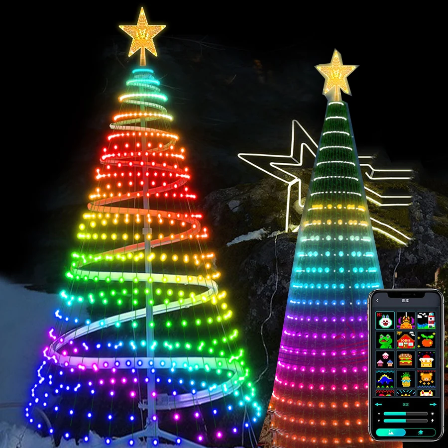 

Smart APP Controlled LED Christmas Cone Tree Light Outdoor DIY Pattern Pictures Christmas Tree Waterfall Light For Garden Decor