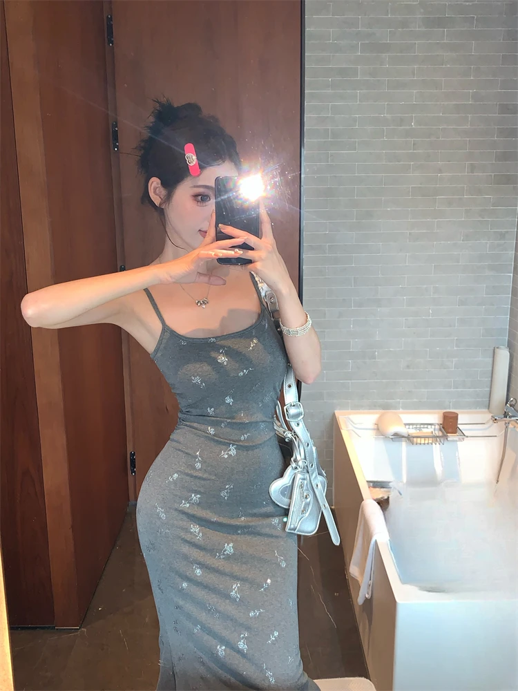 ReddaChic Retro Gray Mermaid Long Bodycon Dress Women Metallic Silver Rose Sleeveless Camisole One-piece Holiday Casual Clothes