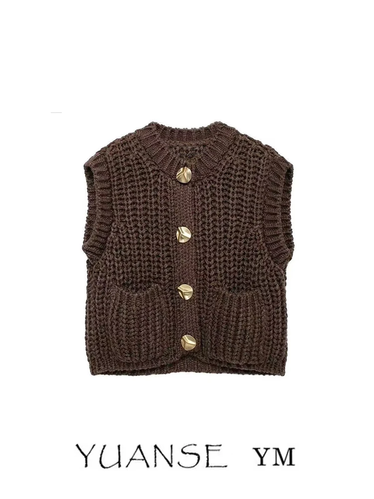 Soft Cozy Gold Button Thick Needle Ribbed  Sweater Vest Women Spring Autumn Outer Open Cardigan Tank Top Midi Length