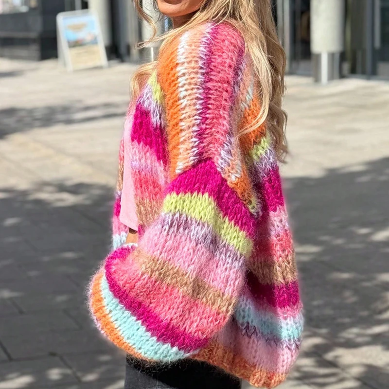 

Полосатый женский вязаный кардиган с длинными рукавами, цвет дофамина, осенне-зимний повседневный свитер для поездок на работу