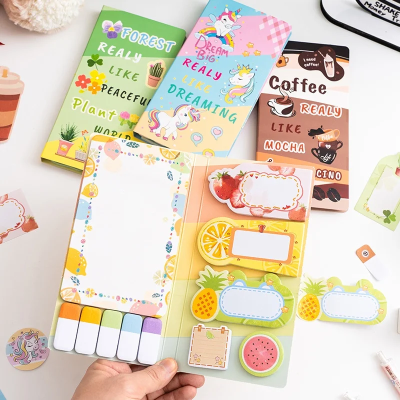4ピース-ロットかわいいユニコーンフルーツ植物メモパッド付箋かわいい文房具ラベルメモパッドプランナーステッカーポストスクールサプライ