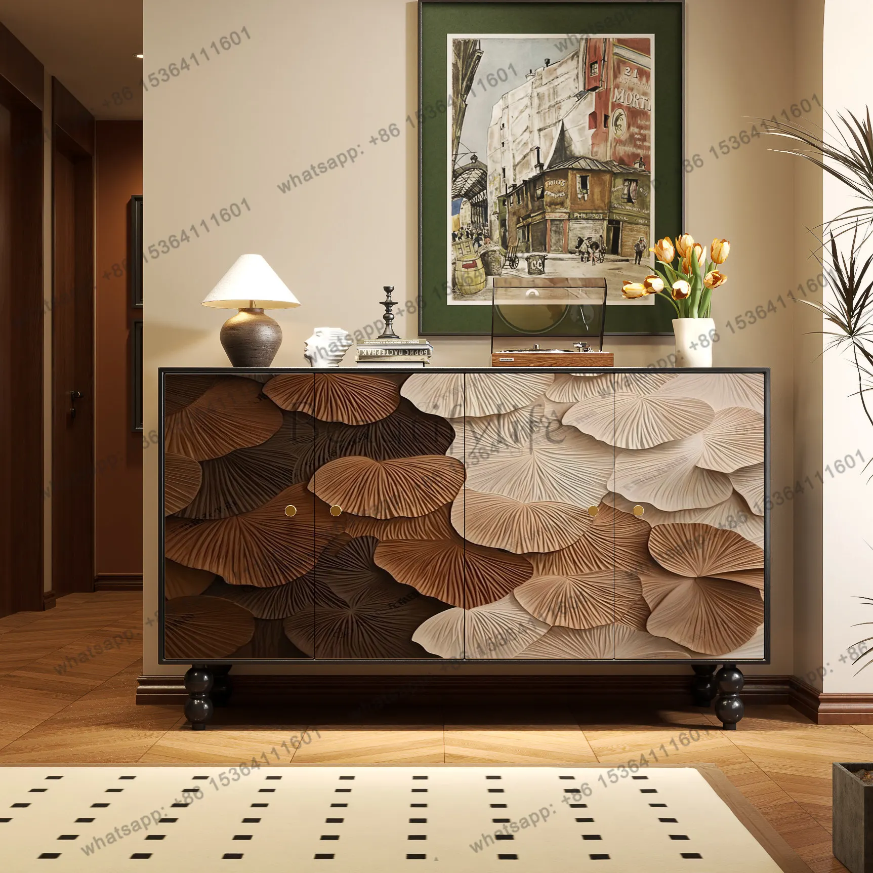 

Medieval solid wood multi-functional storage relief door panel tall decorative cabinet