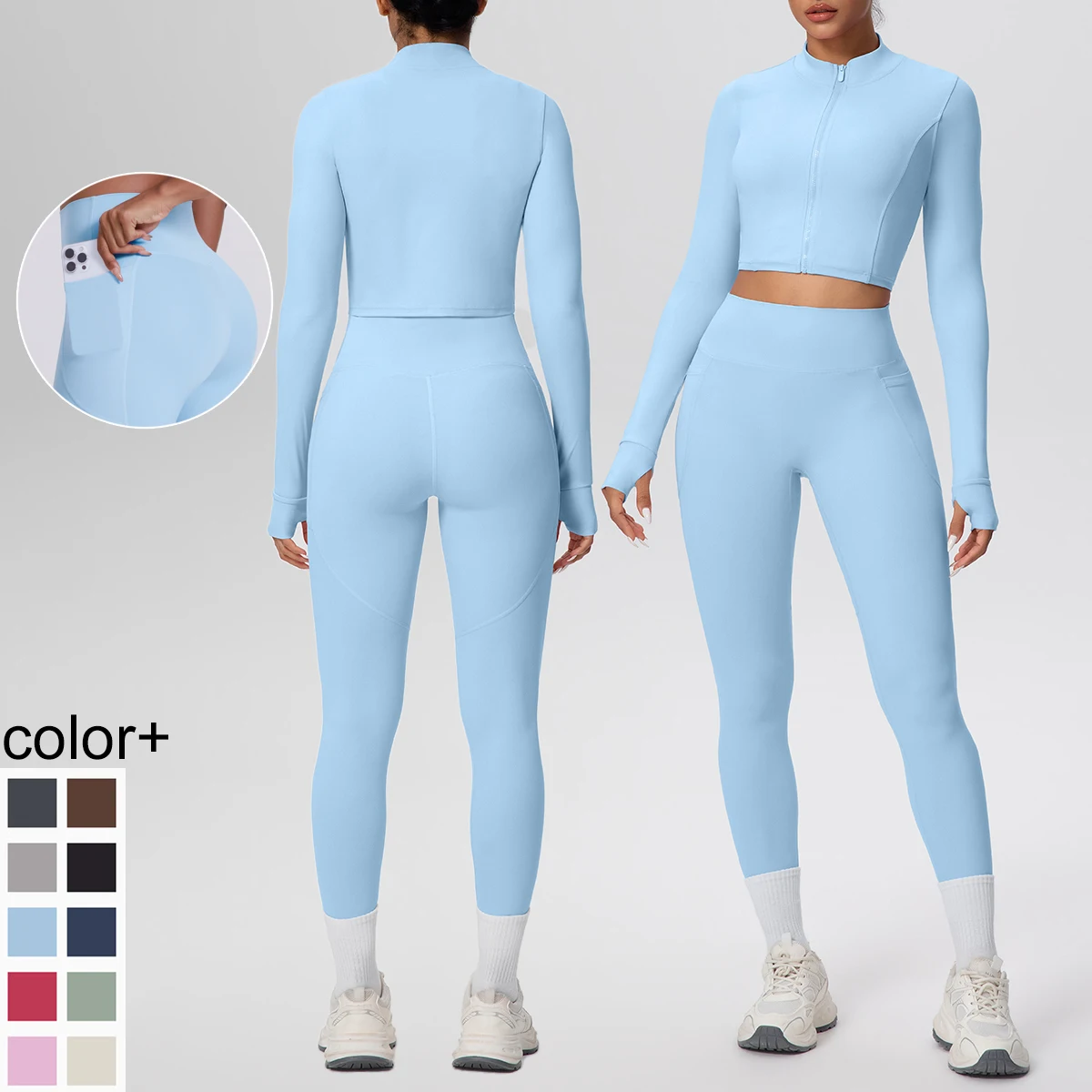 Women Yoga Zipper Long Sleeves and Pants Set Jacket Top Sports Running Quick Drying Yoga Set Yoga Pants with Pockets Woman Set