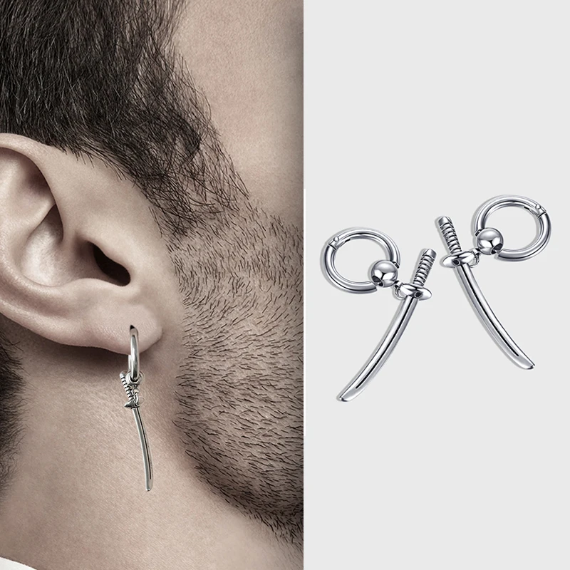 Trendy men retro Samurai earrings Boy cross sword  stainless steel niche Ear studs personality hip-hop Ear jewelry For boyfriend