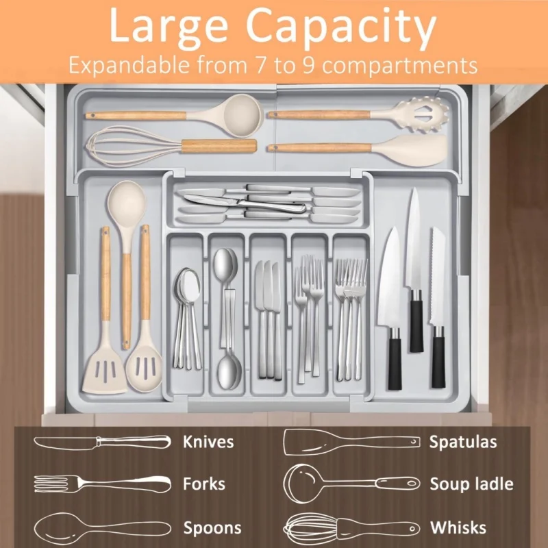 Organizador de Utensilios de Cocina Expandible Gris, 9 Compartimentos, Caja de Almacenamiento de Cubiertos de Plástico Ajustable Grande
