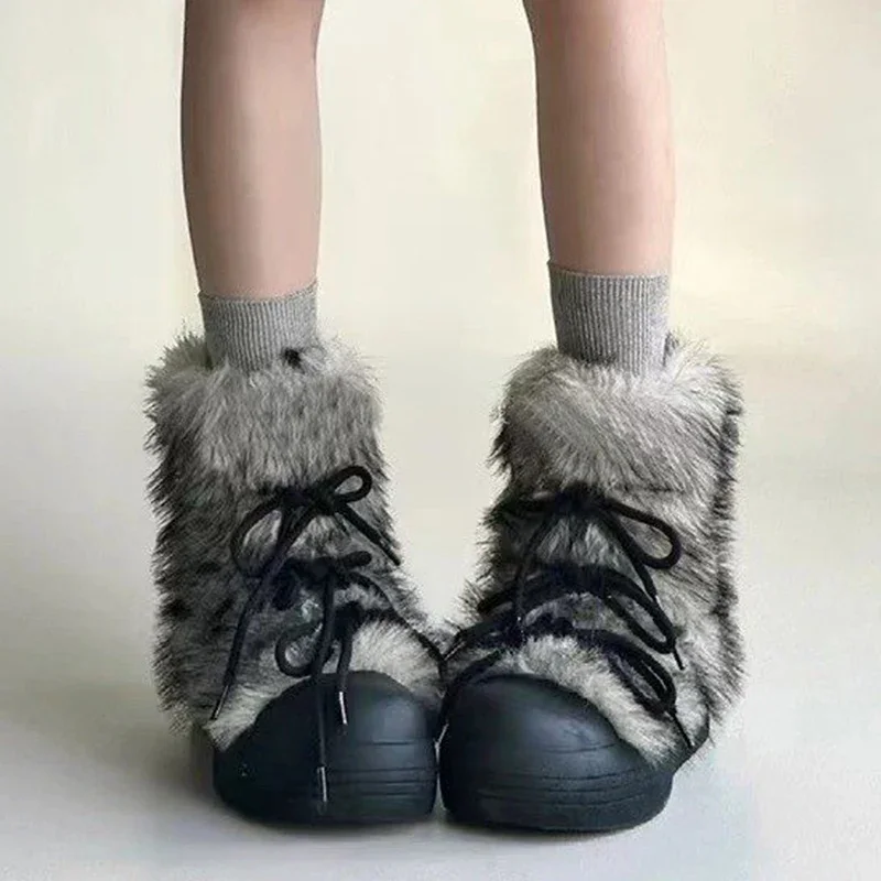 Botas de nieve con plataforma de lazo para Mujer, zapatos planos de felpa cortos a la moda de diseñador de piel, zapatos de algodón, tendencia 2025, Botas cálidas y acogedoras para invierno