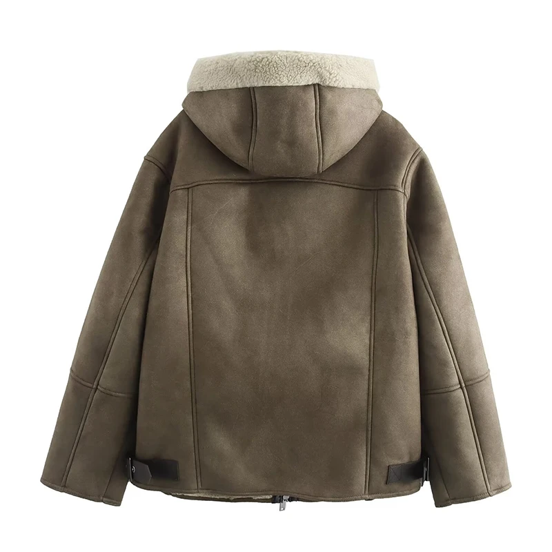 Abrigo con capucha para mujer, Parka gruesa de piel de oveja con cremallera, chaqueta de aviador, prendas de vestir femeninas, abrigo de doble cara, Invierno