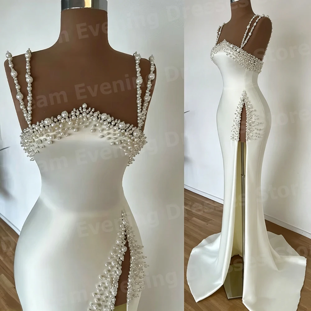 Sexy Mermaid Women's Spaghetti Strap Sleeveless Pearl Evening Dresses Customized Slit Prom Gowns Vestidos Para Mujer Elegantes