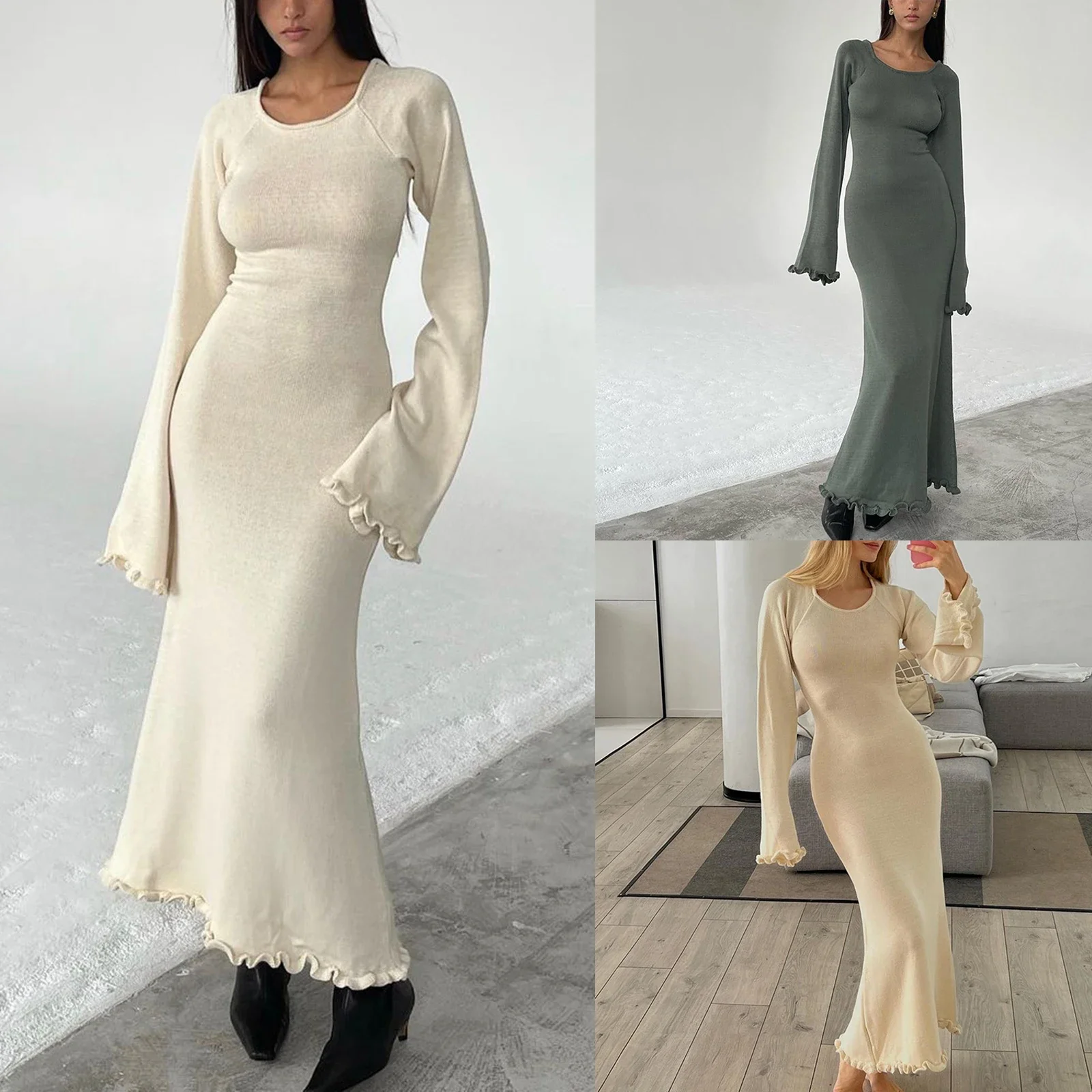 Maxi abito da donna in maglia a maniche lunghe con scollo a barchetta abiti lunghi aderenti Ruffle Trim Tie-up Backless maglione Coverups